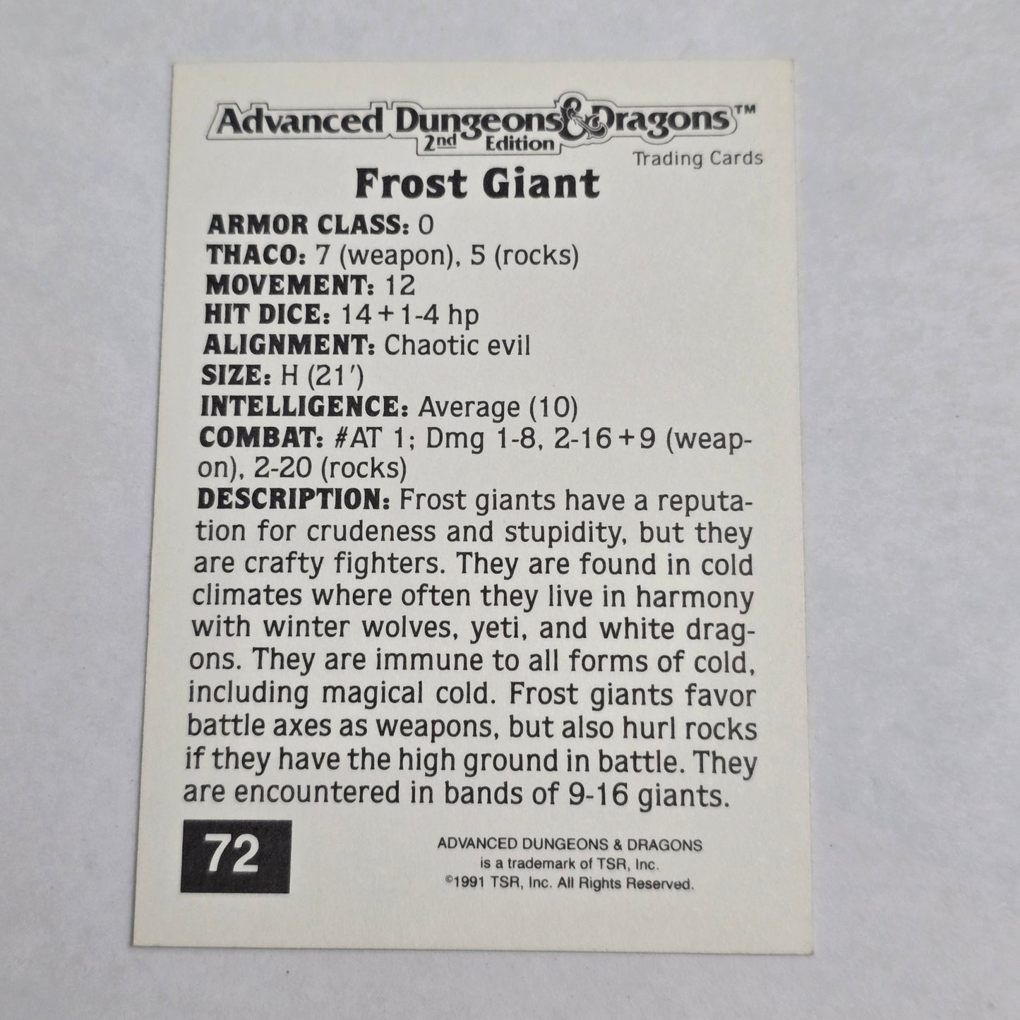 AD&D 2E Trading Card — Frost Giant (#72) — Gold Border — 1992 TSR