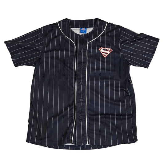 Superman Pinstripe Baseball Jersey Shirt Navy Blue Button Front Size XL