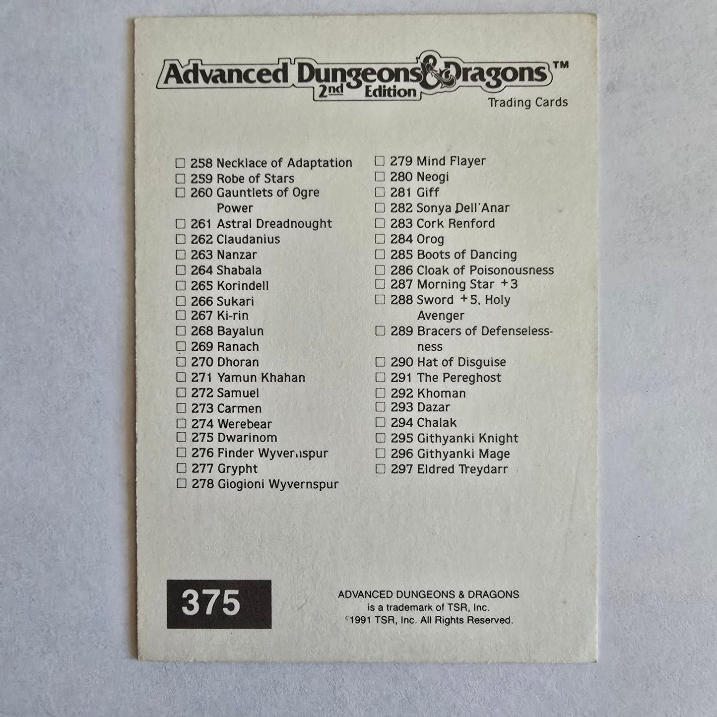 TSR AD&D 2nd Edition Checklist Card #375 (1991) — Series 2