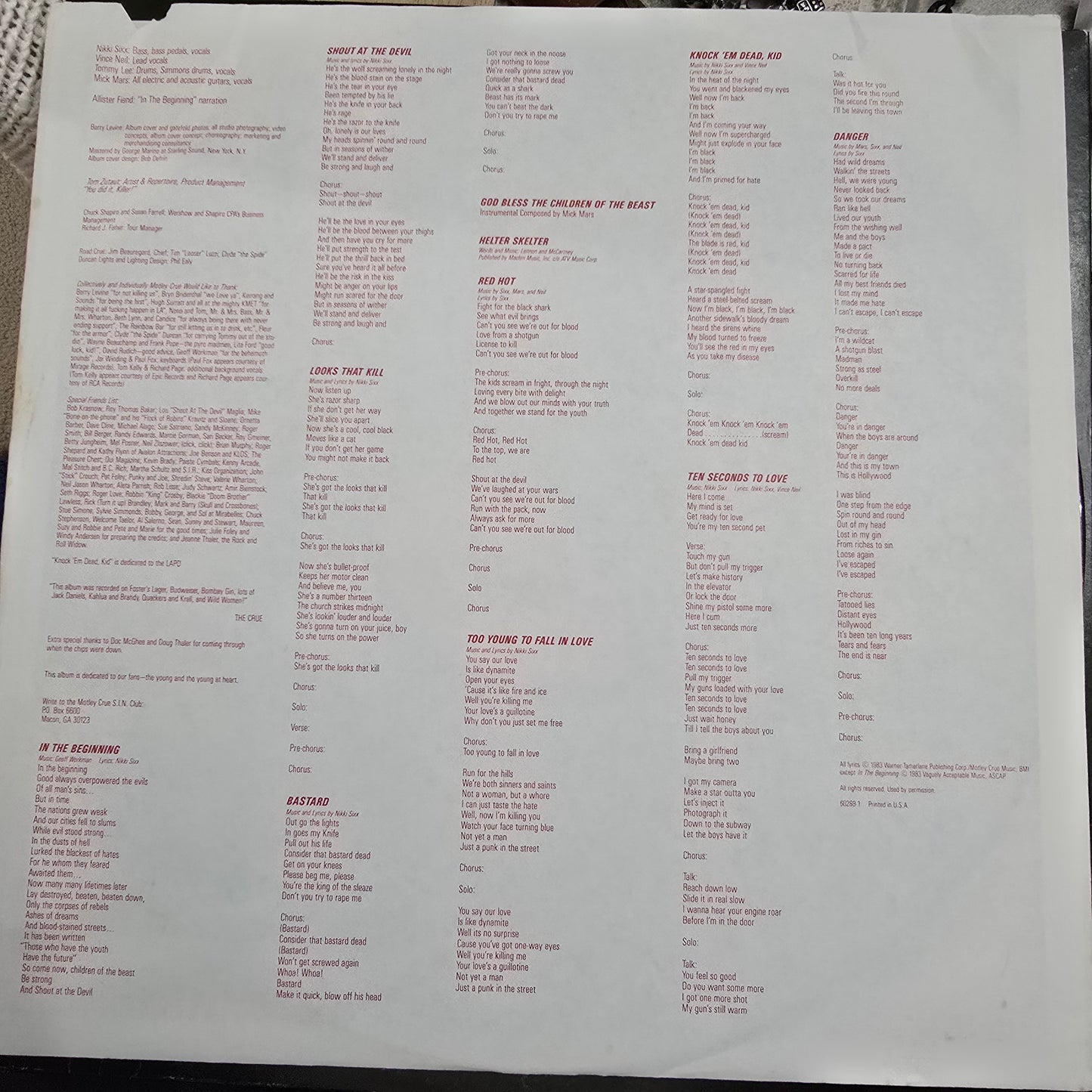 Mötley Crüe – Shout at the Devil (1983 US Elektra LP) Original Inner Sleeve