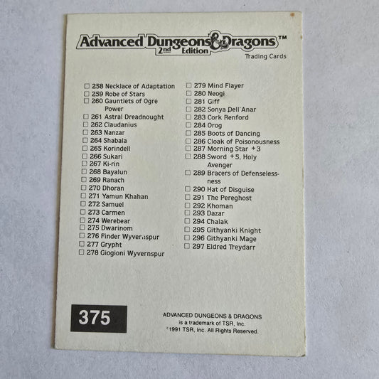 TSR AD&D 2nd Edition Checklist Card #375 (1991) — Series 2