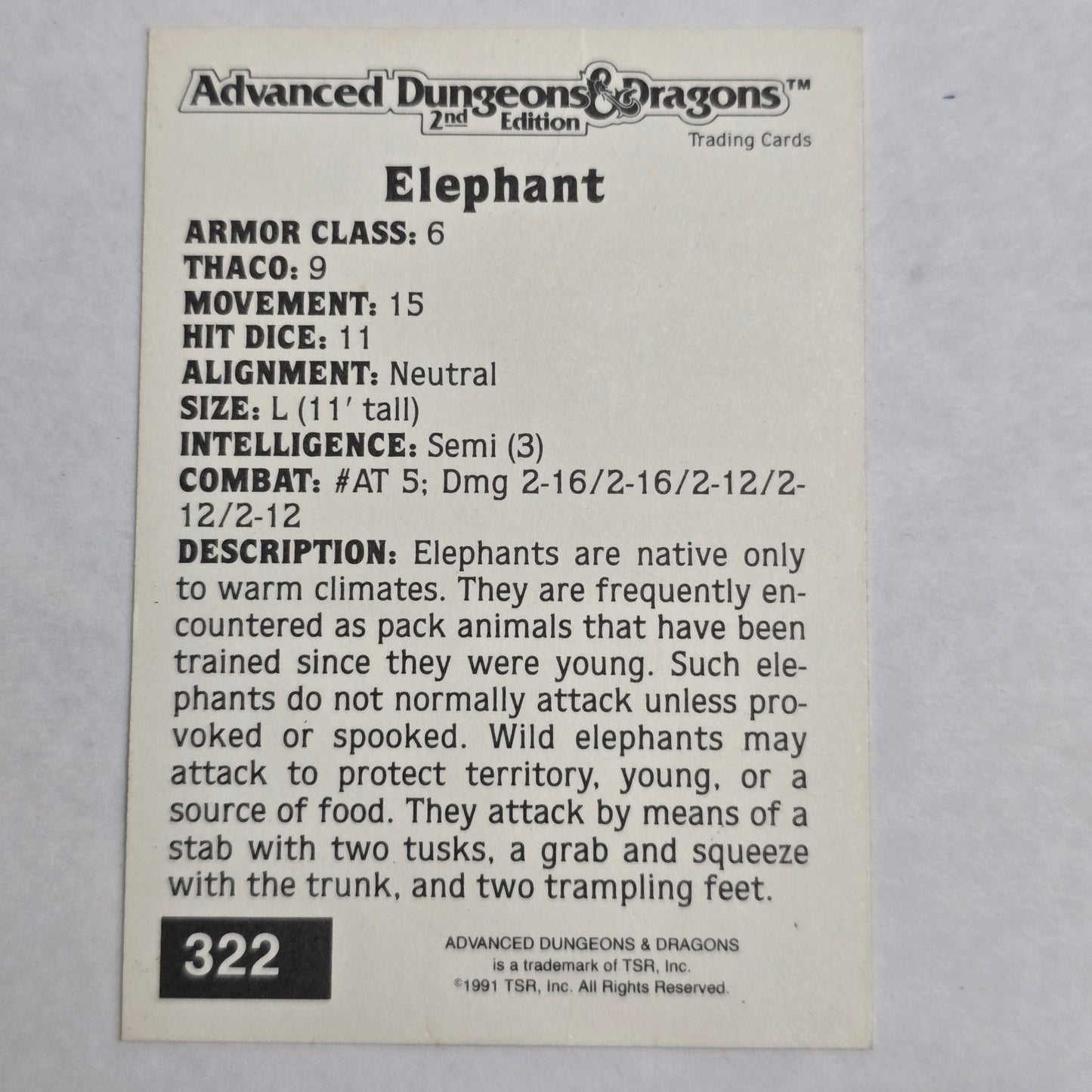AD&D 2E Trading Card — Elephant (#322) — Gold Border Series (1992)