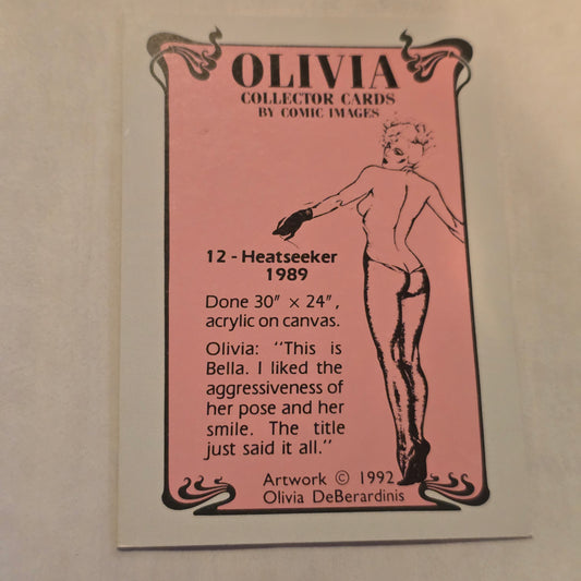 Olivia collector card with artwork of a woman in a dynamic pose on a pink background