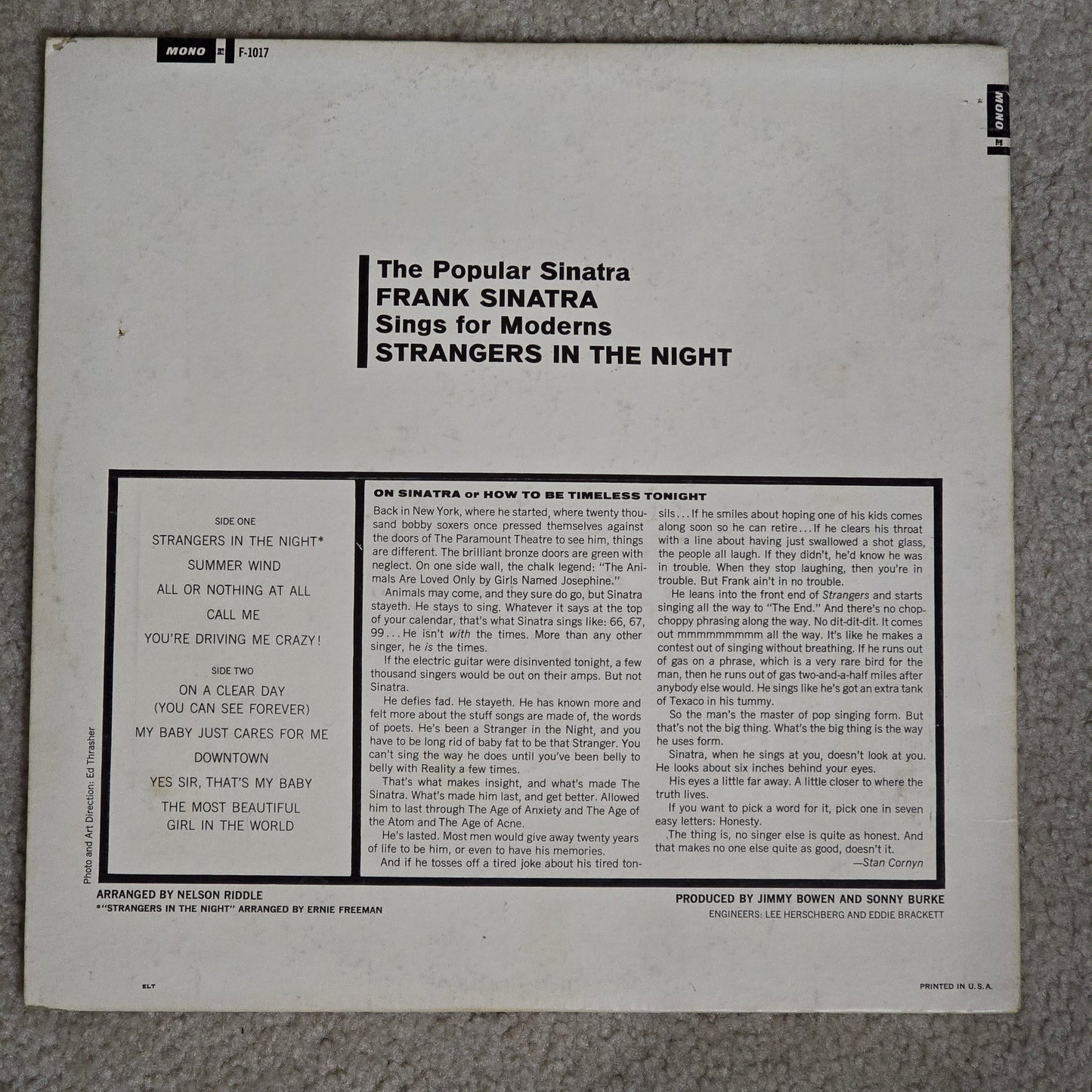 Frank Sinatra – Strangers in the Night (MONO) Reprise F-1017 LP 1966 VG+