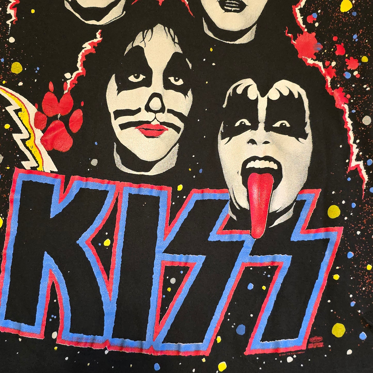 Vintage 1992 KISS Band T-Shirt Hanes Rock Tee All Over Print Faces Hole Back
