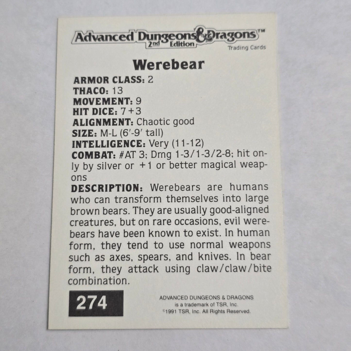 AD&D 2E Trading Card — Werebear (#274) — Gold Border (1992)