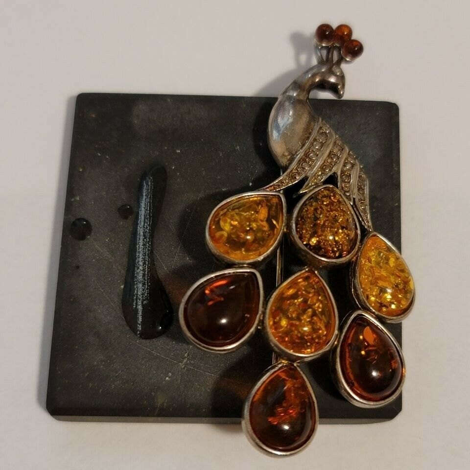 Silver Amber Peacock Brooch