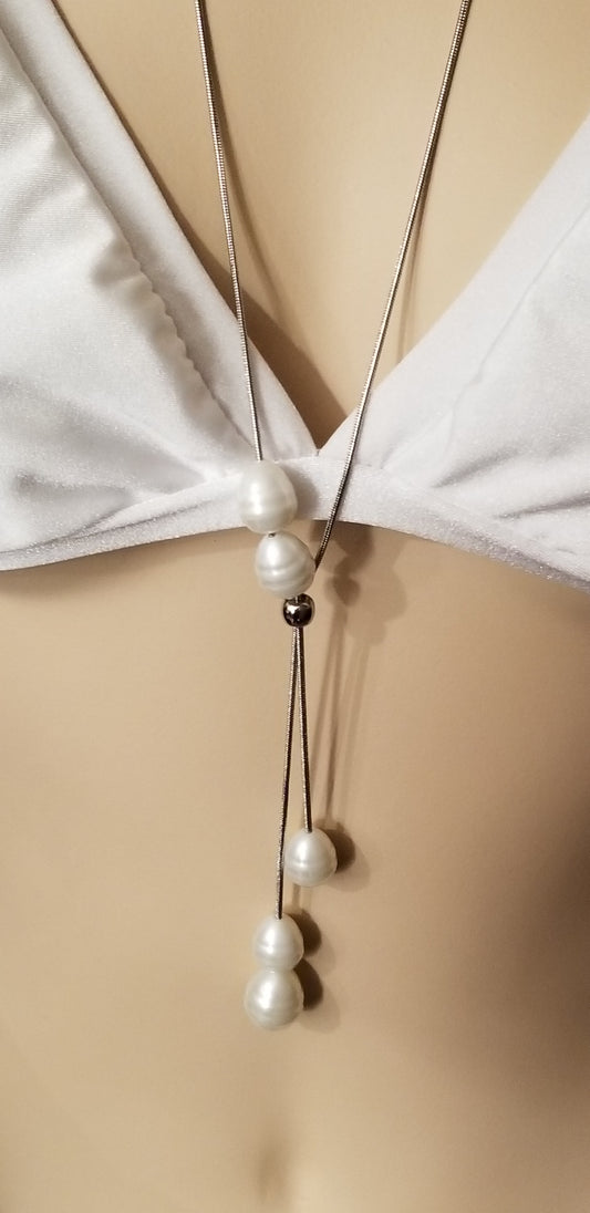 Chico's Silver Tone Simulated Pearl Lariat Necklace