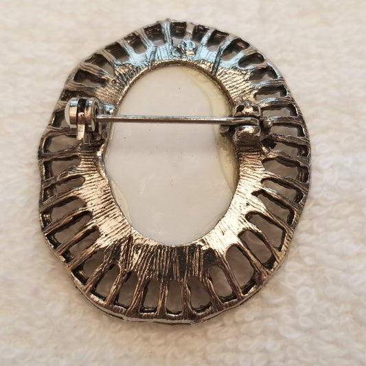 Small Silver Tone Hand Painted Flower Ceramic Brooch