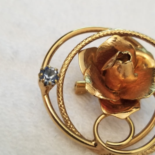 Vintage Gold Tone Rhinestone Rose Brooch