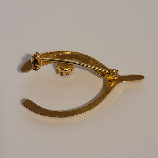 Gold Tone Rhinestone Wishbone Brooch