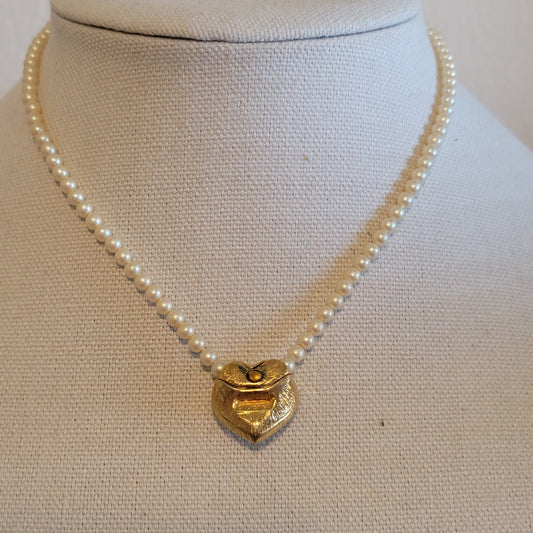 Vintage Monet Simulated Pearl Heart Necklace