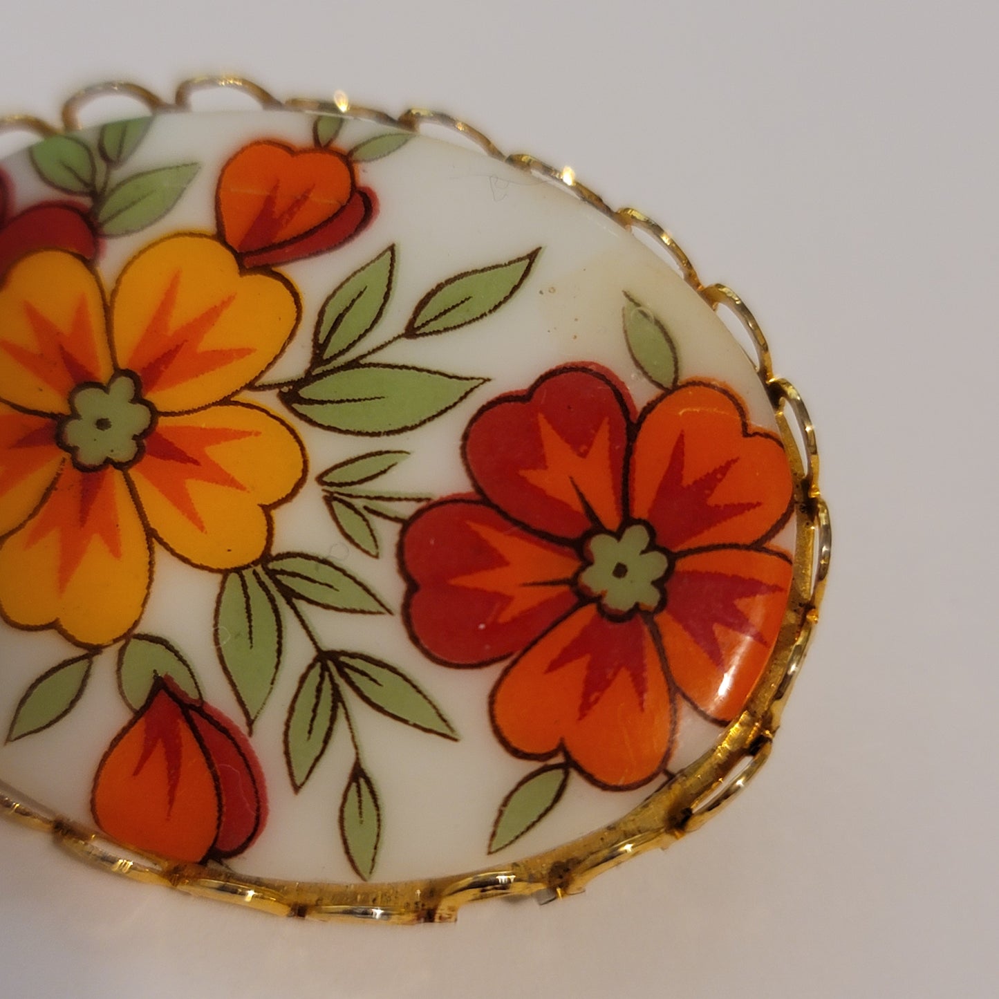 Vintage Oval Flower Ceramic Brooch