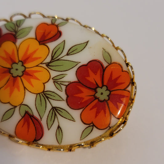 Vintage Oval Flower Ceramic Brooch