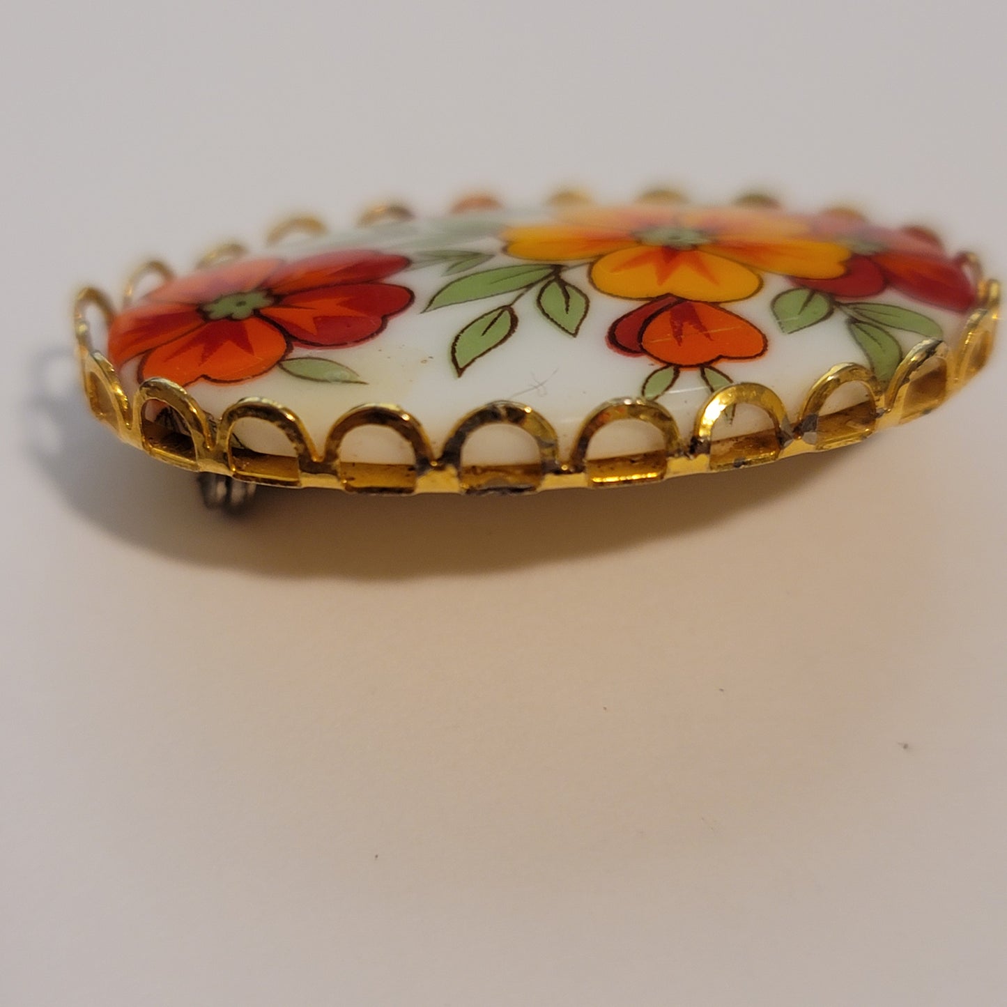 Vintage Oval Flower Ceramic Brooch