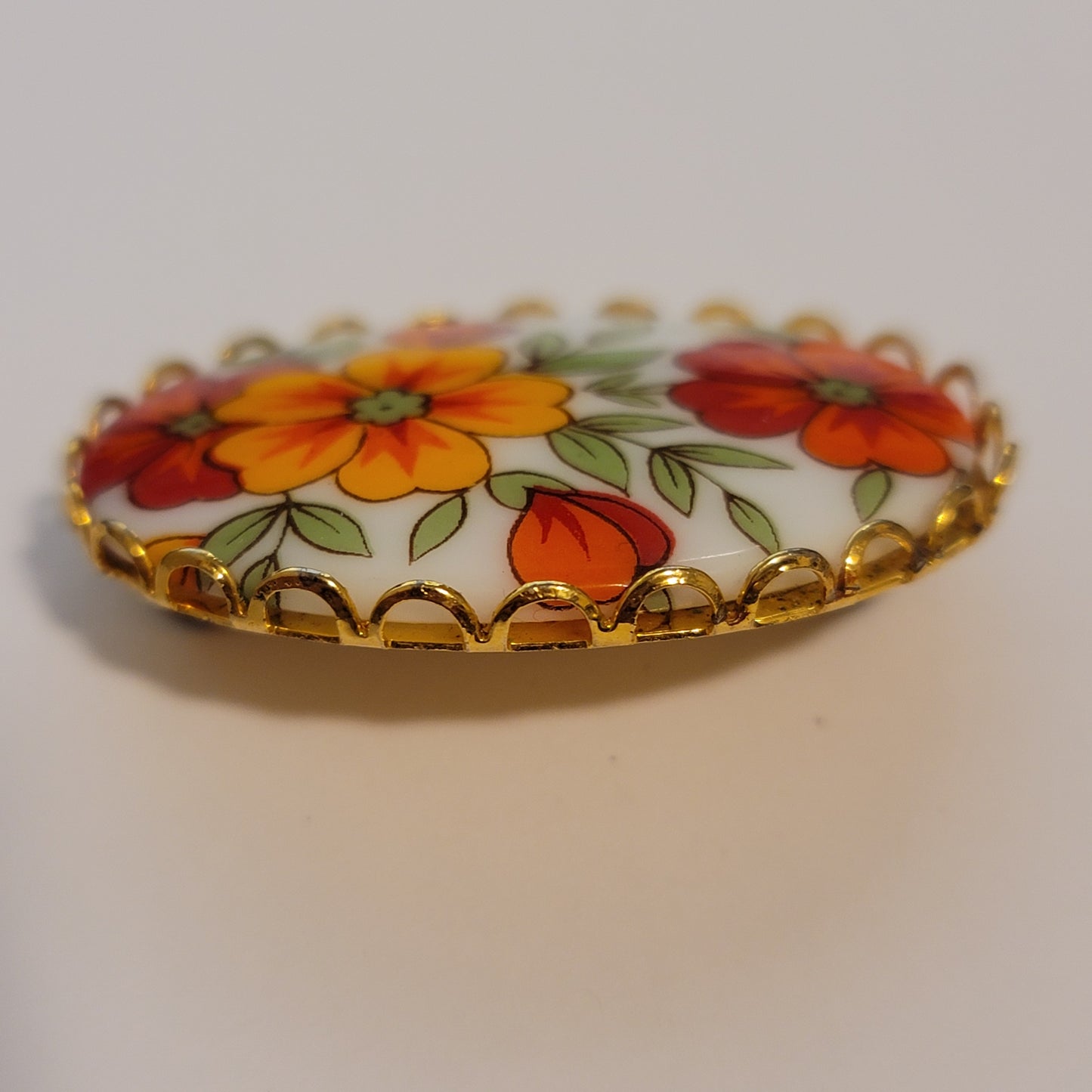 Vintage Oval Flower Ceramic Brooch