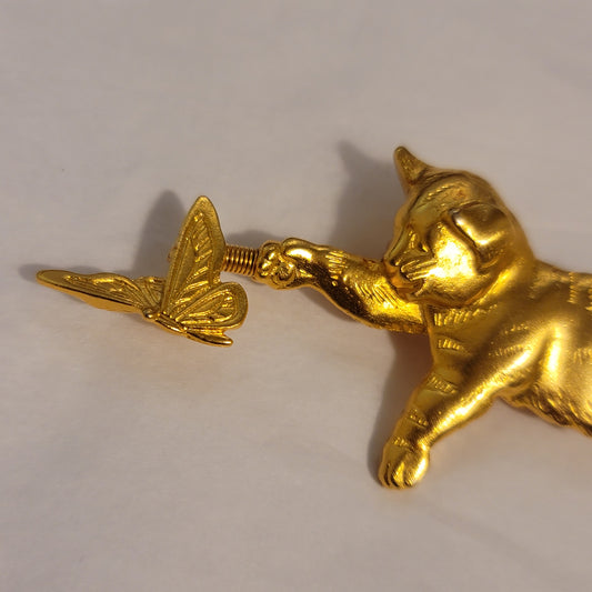 Vintage Playful Cat and Butterfly Gold Tone Brooch