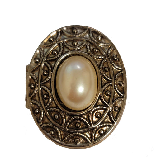 Vintage Avon Silver Tone Perfume Locket Brooch with Faux Pearl Center