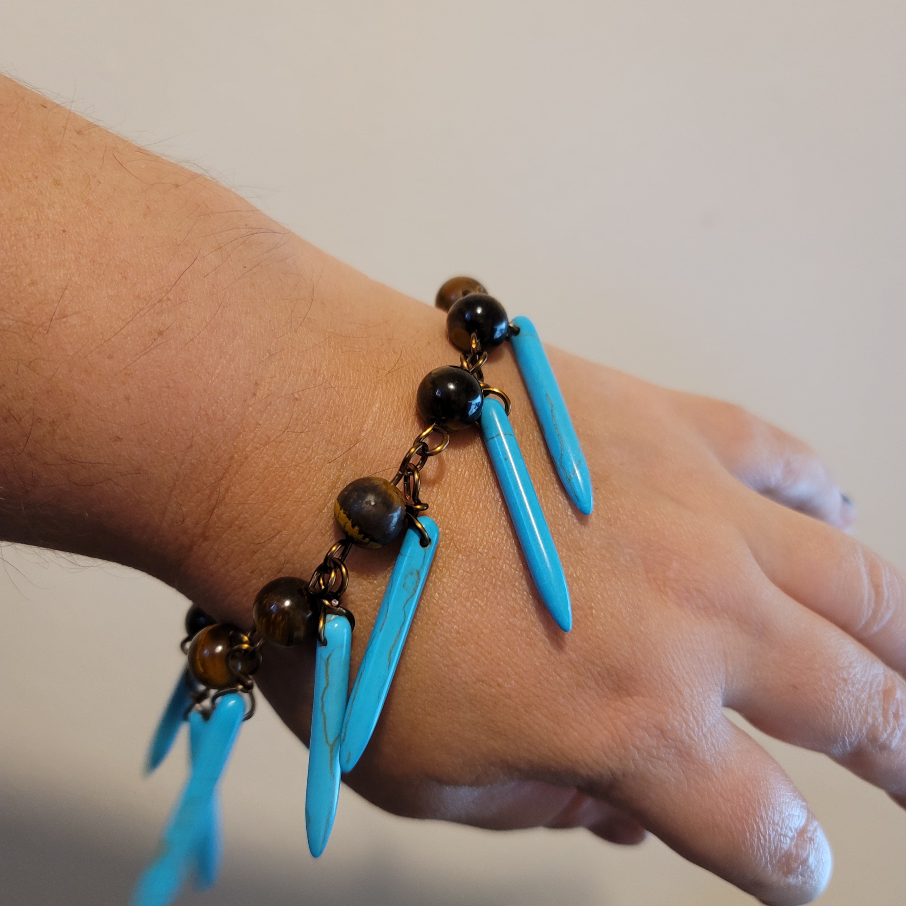 Handmade Tiger's Eye Turquoise Spike Chain Bracelet