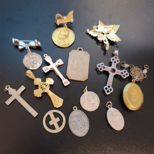 Lot of 13 Religious Themed Charms, Cross and Pins