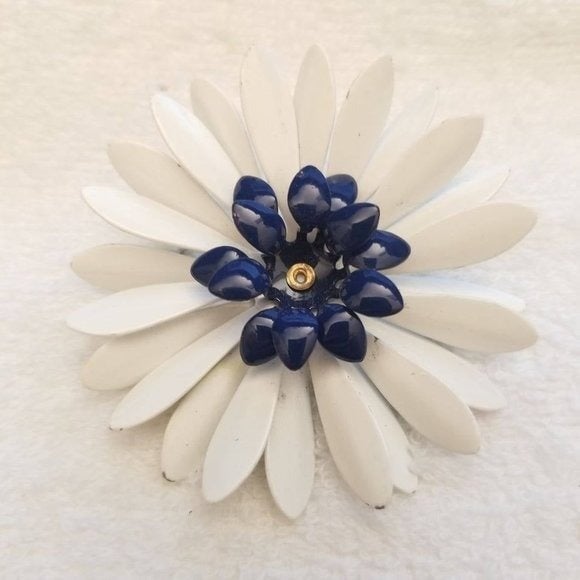 White & Blue Metal Flower Brooch