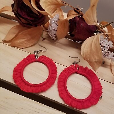 Handmade Red Fringe Hoop Earrings