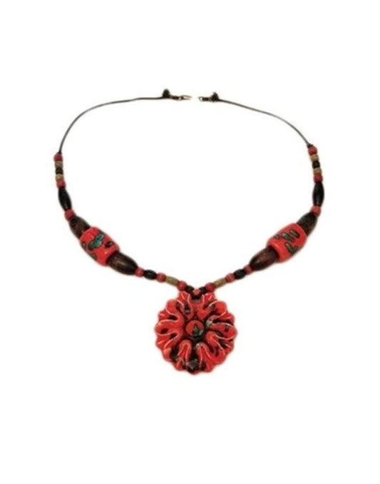 Beautiful Red Flower Medallion Necklace