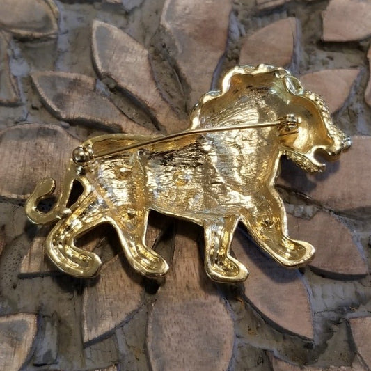 Gold Tone Rhinestone Lion Brooch