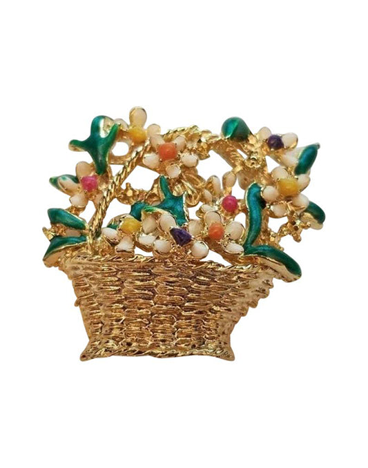Beautiful Enamel Flower Basket Brooch