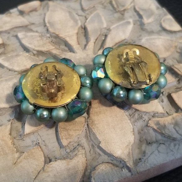 Vintage Beaded Button Clip On Earrings