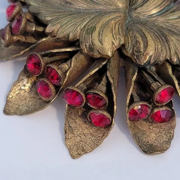Vintage Gold Tone Red Rhinestone Brooch