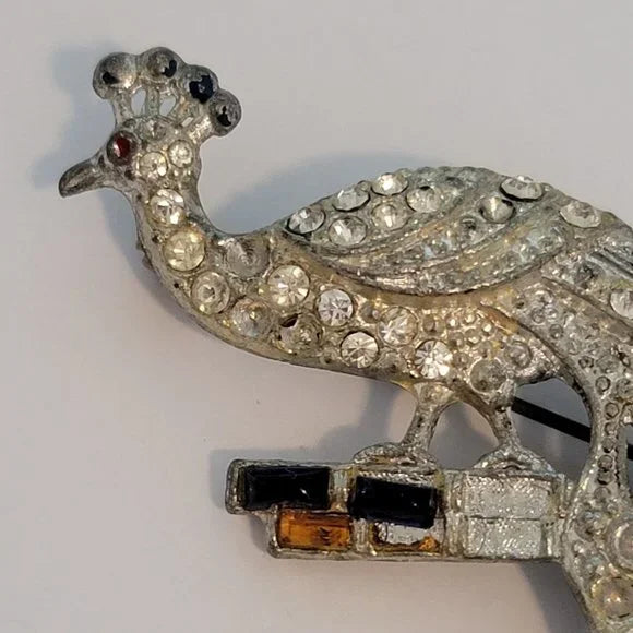 Vintage Silver Tone Rhinestone Peacock Brooch