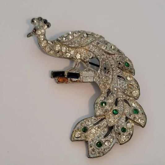 Vintage Silver Tone Rhinestone Peacock Brooch