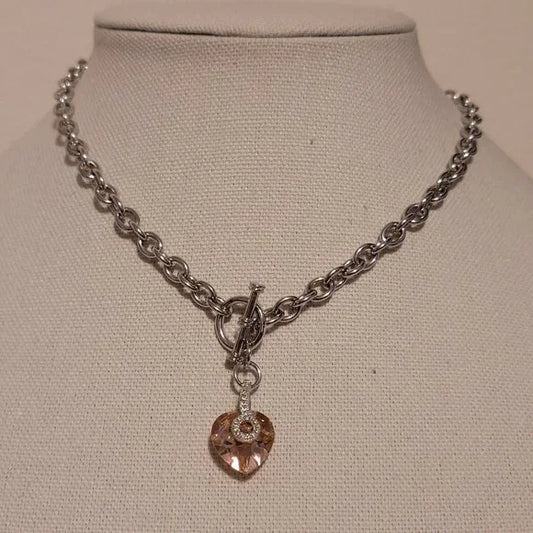 Silver Tone Crystal Heart Pendant Necklace