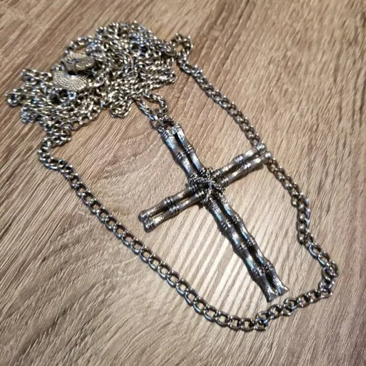 Silver Tone Double Strand Cross Necklace
