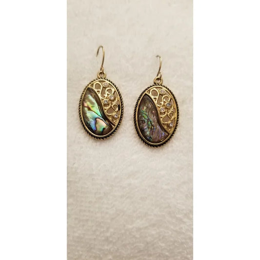Gold Tone Oval Abalone Dangle Earrings with Rhinestones