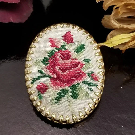Vintage Cross Stitch Rose Cameo Brooch