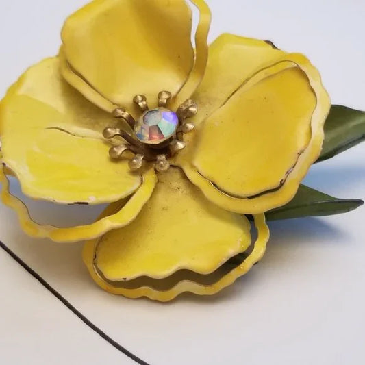 Vintage Yellow Rhinestone Metal Flower Brooch