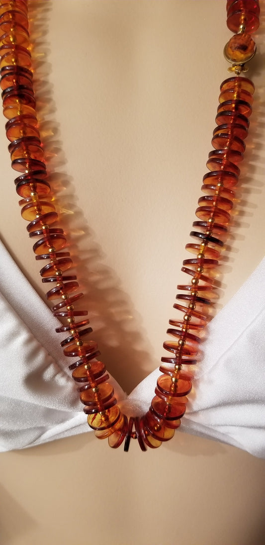 Vintage Amber Colored Disc Bead Necklace