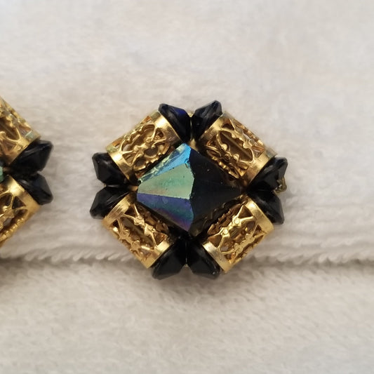 Vintage Black And Gold Button Clip On Earrings
