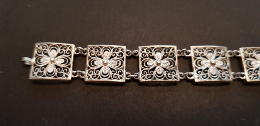 Vintage 835 Silver Filigree Flower Panel Bracelet
