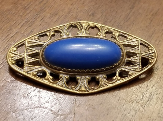 Vintage Brass Blue Oval Cabochon Open Work Brooch
