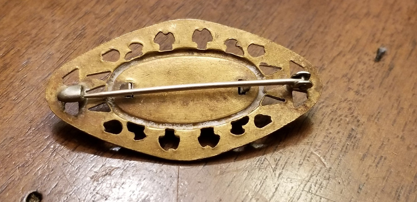 Vintage Brass Blue Oval Cabochon Open Work Brooch