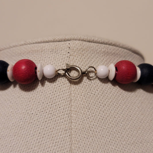 Vintage Red White & blue Wood bead Necklace
