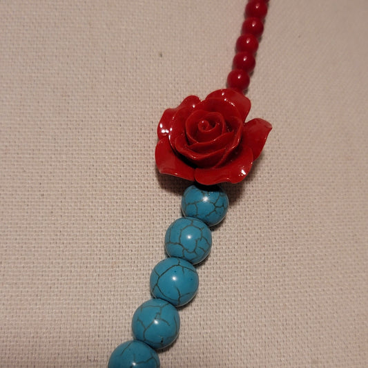 Red & turquoise Colored Bead Flower Necklace
