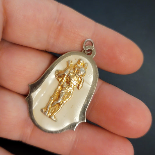 Vintage Faux Mother of Pearl St. Christopher Religious Medal Pendant