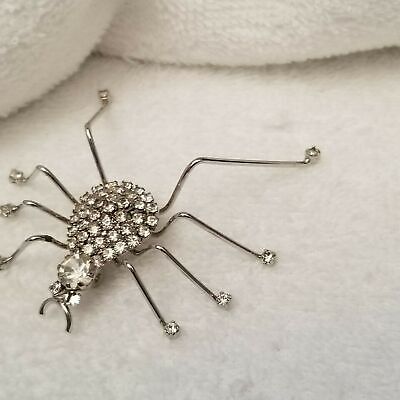 Silver Tone Rhinestone Spider Brooch
