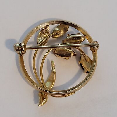 Gold Tone Red Rhinestone Brooch