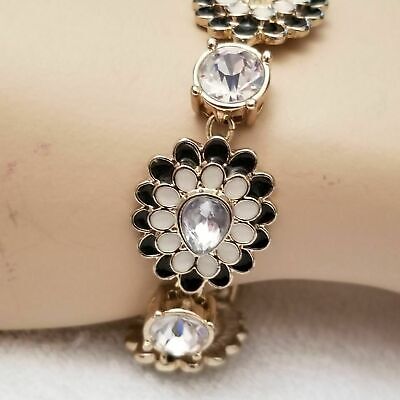 Gold Tone Flower Enamel Rhinestone Bracelet