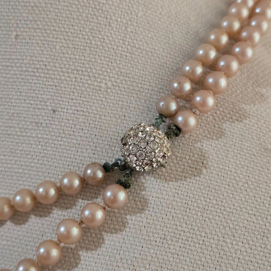 Vintage 6 Strand Pearl Choker Rhinestone Clasp Graduated Knotted